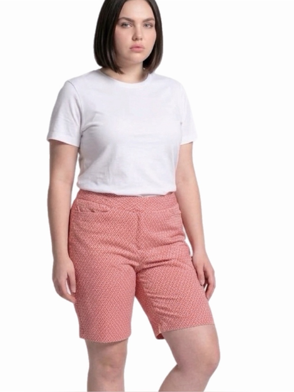 TALBOTS Coral/Orange and White Geometric Patterned Bermuda Shorts Size 16